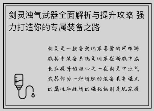 剑灵浊气武器全面解析与提升攻略 强力打造你的专属装备之路